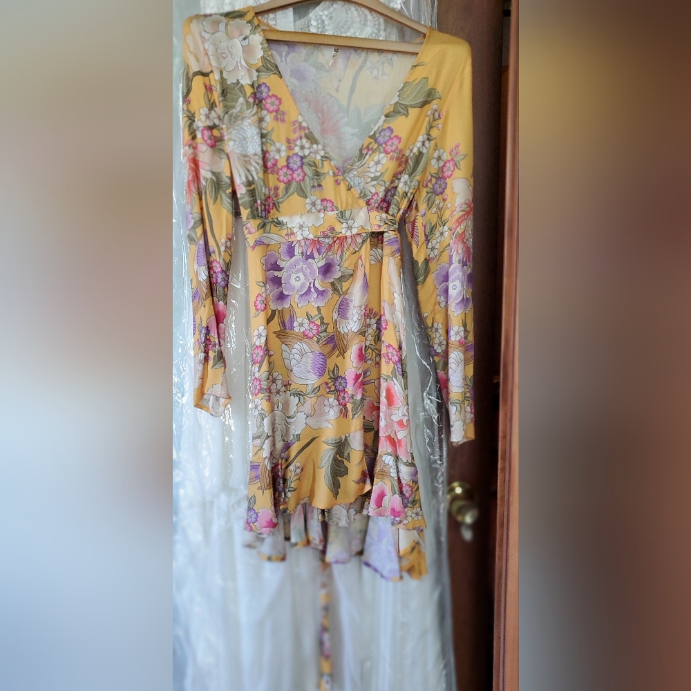 NWOT Spell blue skies mini wrap dress.  Yellow.